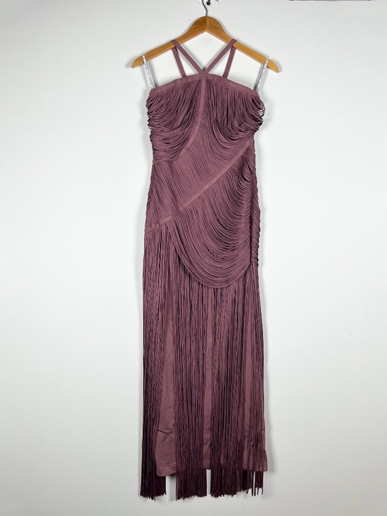 Herve Leger Dresses & Skirts - NEW Herve Leger Amelia Halterneck Stretch Knit Draped Fringe Midi Dress Mauve M